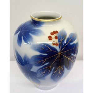 Vintage Fukagawa vase cobalt blue white gold trim leaves berries